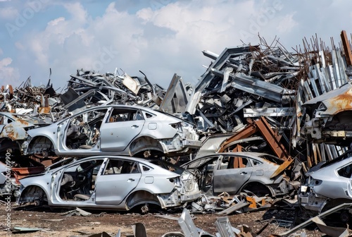 Piled up scrap metal and stripped car bodies at a junkyard under a cloudy sky