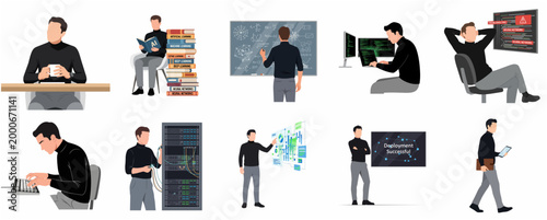 Diverse Set of Modern Professional Man Activities Illustrating Technology and Knowledge Acquisition
