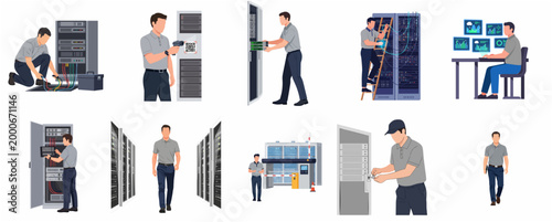 Diverse Data Center Service Personnel Performing Various Tasks and Maintenance Work