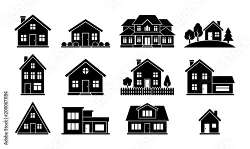 Foto Black house icons set, residential building silhouette collection, minimalist re