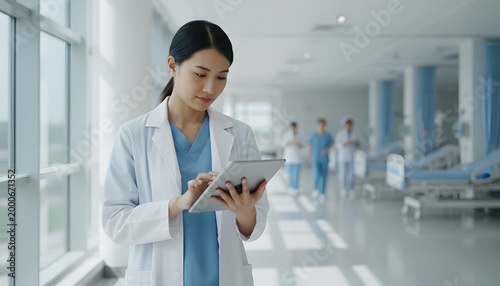 A female doctor in a lab coat uses a tablet while walking down a bright modern hospital hallway with medical beds in the background