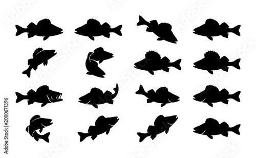 Canvastavla Walleye fish silhouette collection, 16 black fishing icons in vector format, pre
