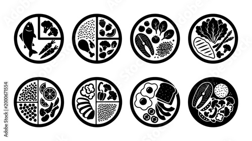 Картината върху платно Healthy balanced meal icons, set of 8 nutrition plate vector illustrations, blac