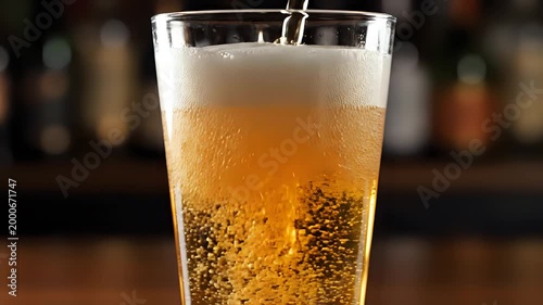 Closeup of golden beer being poured into a clear glass with foam.