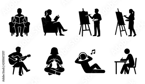 Quadro em tela Creative hobby silhouettes set of 8 icons, people enjoying leisure activities an