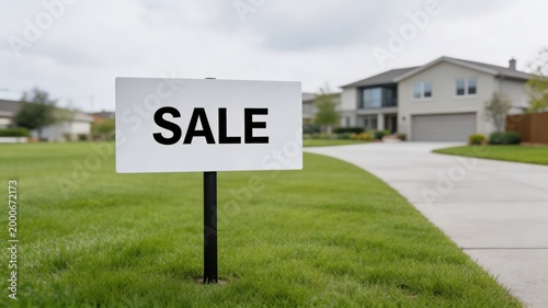 A sale sign in a suburban home's yard, with a large lawn and driveway leading to a garage, set against a cloudy sky.