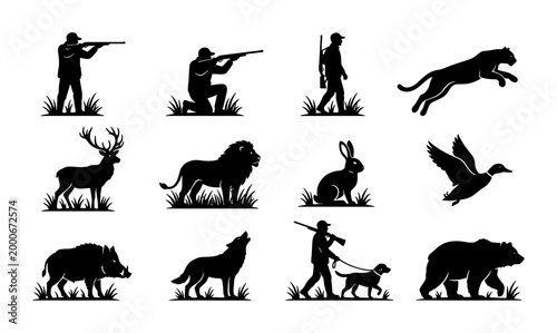 Valokuva Hunting silhouette vector set featuring 12 icons of hunters and wild animals, bl