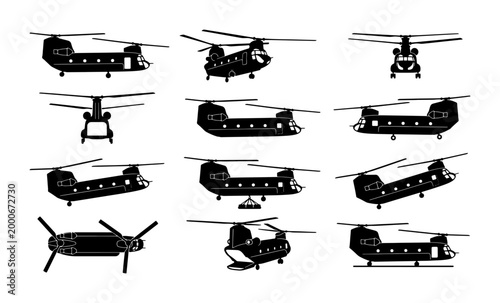Foto Military transport helicopter silhouettes, heavy lift tandem rotor aircraft icon