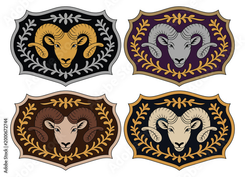 Bighorn sheep label tag emblem design, stylized silhouette with ornate American classic old west style, decorative floral frame, luxurious buckle belt shape, vector color variants editable for premium