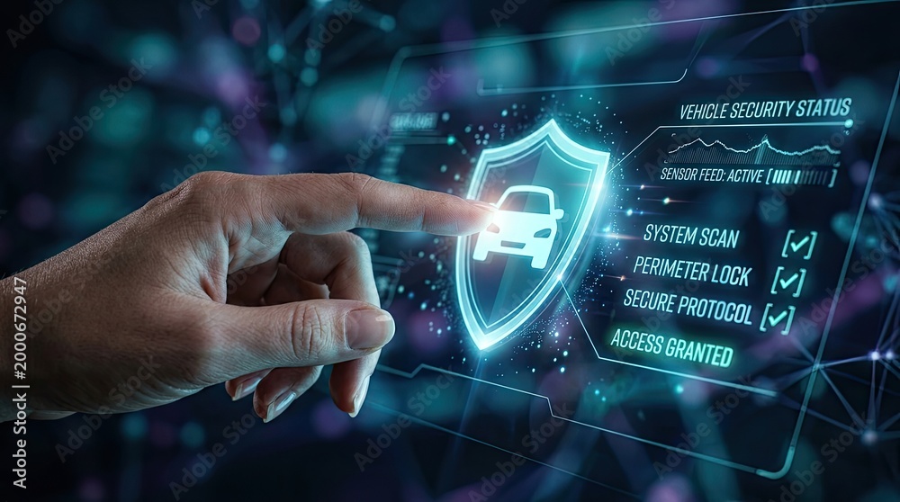 Fototapeta premium Hand touching glowing shield with car icon, representing vehicle security and digital protection.