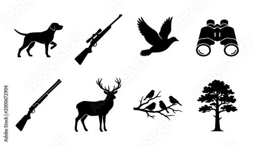 Canvastavla Hunting silhouette icon set with 8 vector elements, outdoor sport equipment and