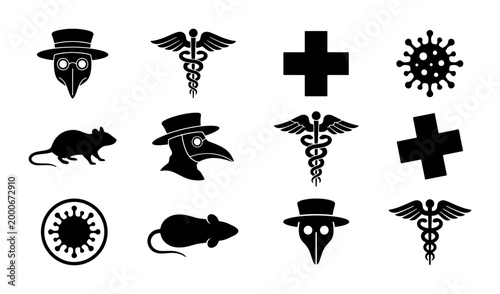 Foto Plague doctor mask icons and medical symbols, black silhouette plague doctor vec
