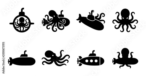 Foto Nautical submarine and octopus silhouette icons, set of 8 black vector elements,
