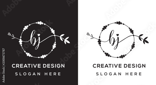 Soft Pastel Feminine Floral Logo with Elegant Monogram and Minimal Design in black and white background