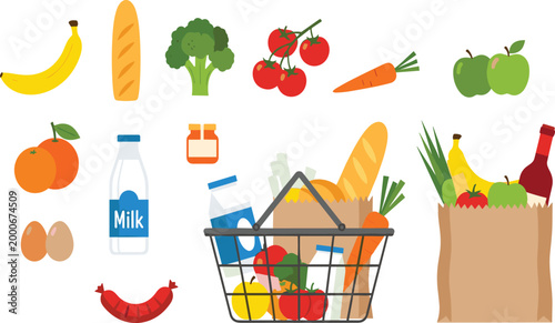 Grocery basket and paper bag vector illustration with fresh fruits vegetables milk bread and food items, colorful shopping and healthy nutrition concept