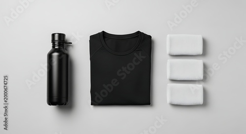 Minimalist Flat Lay of Sports Gear with Shirt Bottle and Towels