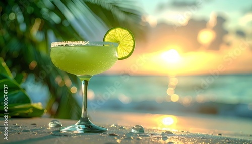 Margarita cocktail on beach during golden sunset
