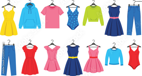 Women clothing vector set with dresses jeans hoodie swimsuit skirt and tops, colorful fashion apparel collection on hangers isolated on light background