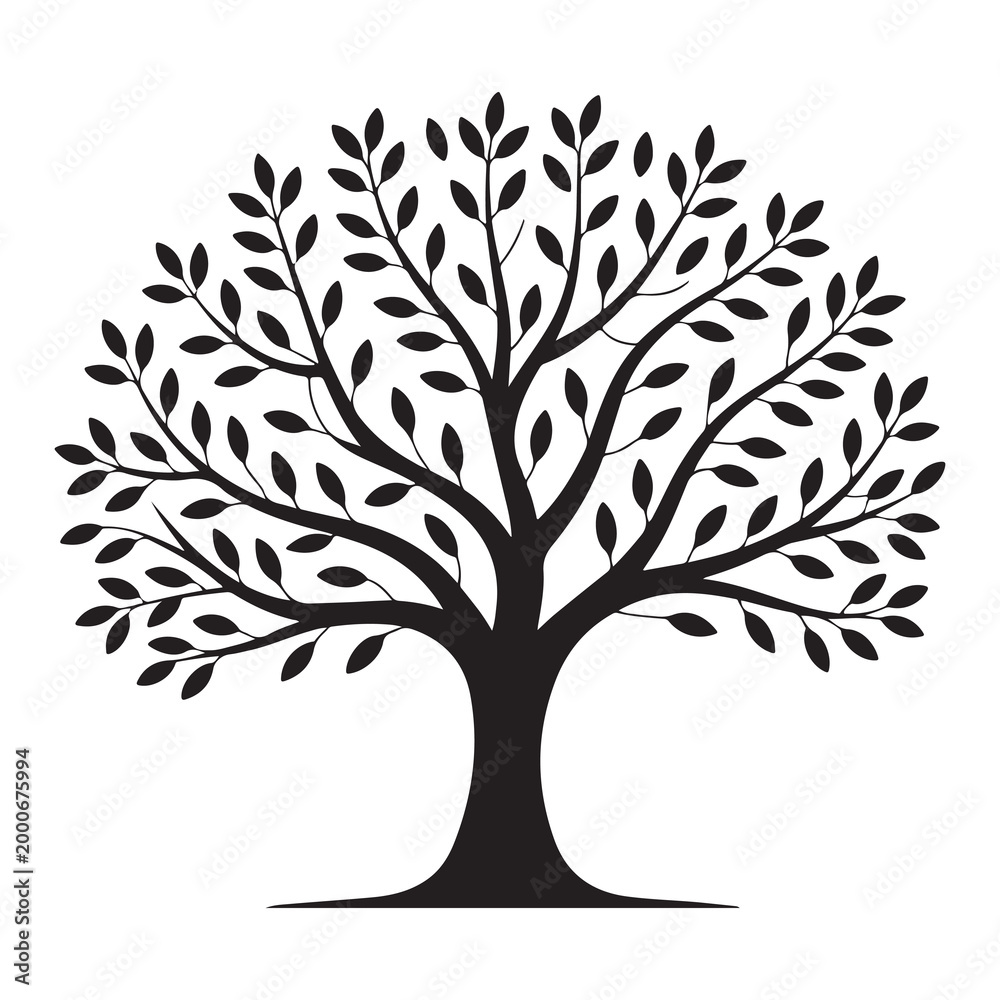 Obraz premium Black silhouette of a large leafy tree with spreading branches and a solid trunk