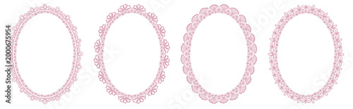 Cute lace frame with bow ribbon border, square vintage design with pink heart details for wedding card or valentine invite.