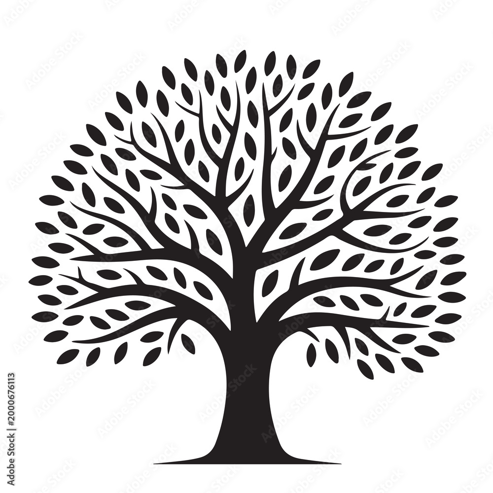 Obraz premium Black silhouette of a leafy tree icon with branches and roots for nature and environment design