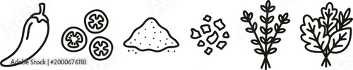 chili pepper herbs and spices ingredient icons collection on transparent background
