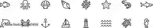 marine life and nautical outline icons set on transparent background