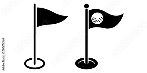 Minimal golf flag icons in outline and solid styles representing sports, golf course markers, hole location symbols, and outdoor recreation design elements