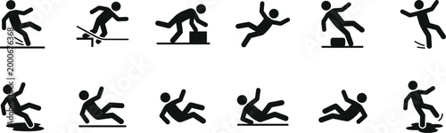 Photos slipping and falling hazard pictogram icons set on transparent background