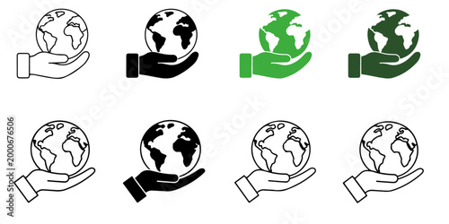 Earth globe icons set in outline and filled styles with green and black variations isolated on white background, world map environmental global symbol collection