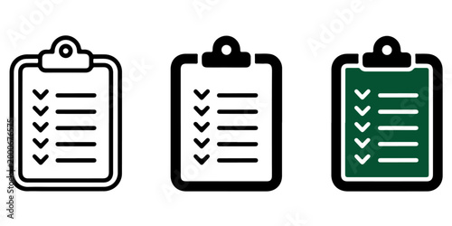 Clipboard checklist icon set in outline, solid, and green styles representing task management, to do list, planning, workflow, and business organization concepts