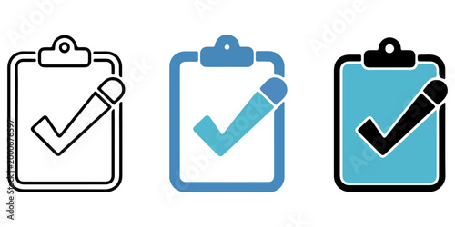 Clipboard checklist icon set in outline, solid, and green styles representing task management, to do list, planning, workflow, and business organization concepts