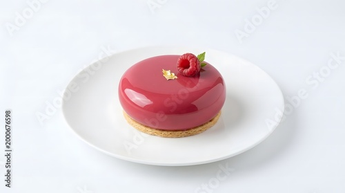 Elegant pink mousse dome topped with fresh raspberry and gold leaf on minimalist white plate.