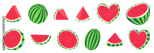 Fresh watermelon vector set with whole fruit, round slices, triangle wedges and heart shaped pieces. Bright summer food collection isolated on white background.