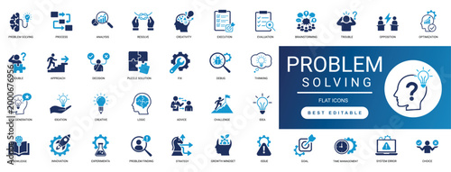 problem solving  icon set. strategy, solution, creative, thinking, brainstorm, logic, puzzle, analysis, innovation, process. editable solid vector illustration. 