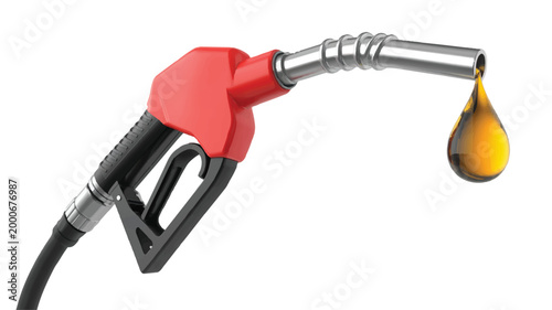 Fuel pump nozzle dispensing a drop of gasoline, representing energy and transportation industry