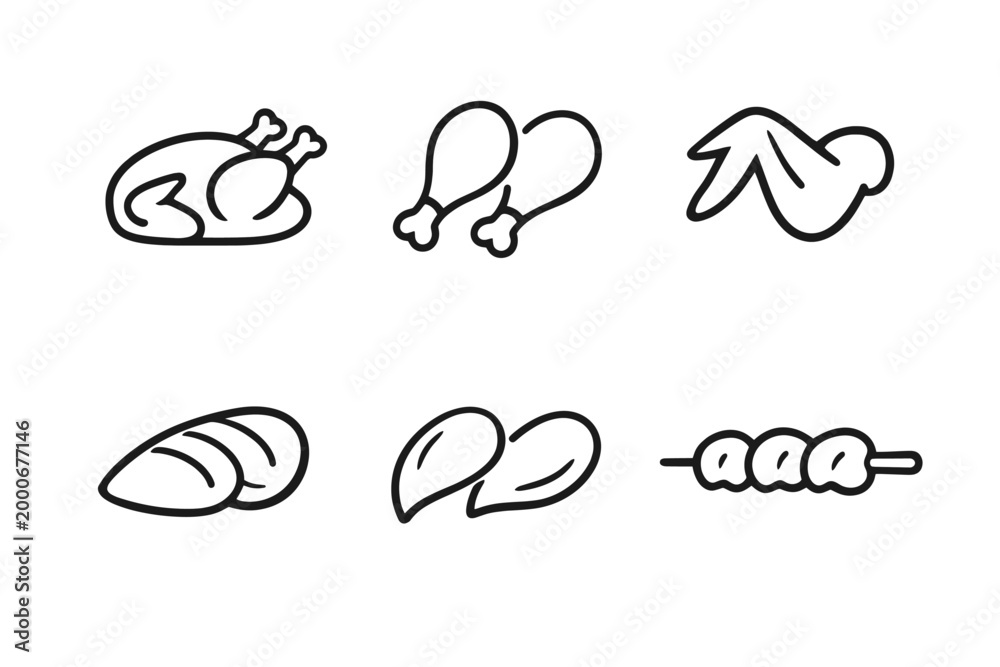 Fototapeta premium Chicken Meat Food Icons Set in Minimal Line Outline Style