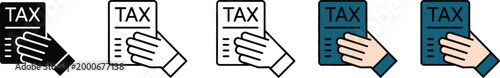 Tax document holding hand icon set with financial papers, tax return documents, accounting and payment concepts in clean vector illustration
