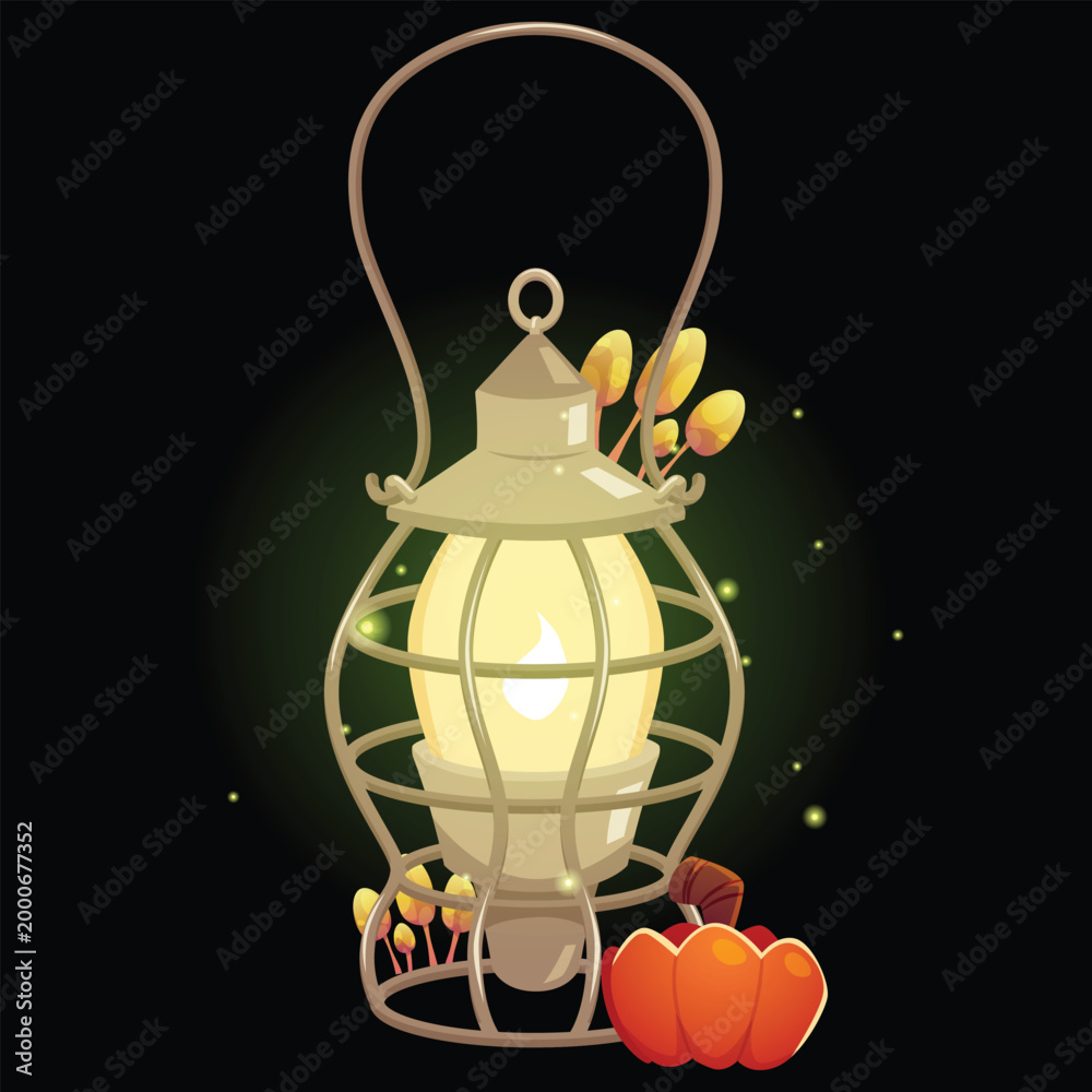 Fototapeta premium Vintage lantern with burning candle, magic mushrooms and pumpkin, vector cartoon antique portable lamp candlestick