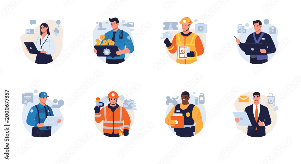 Fototapeta premium Collection of professional worker avatars representing different careers like office staff, police officers, and engineers on white.