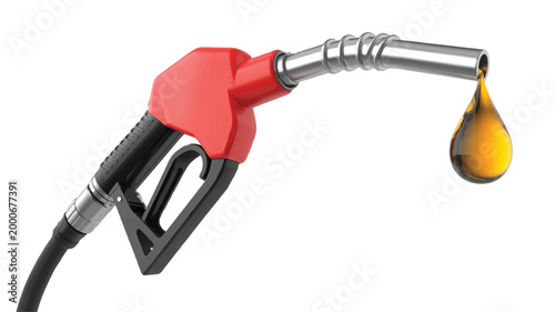 Detailed close-up of a modern red and black fuel pump nozzle with a golden liquid droplet dripping, symbolizing energy, petroleum, and transportation costs