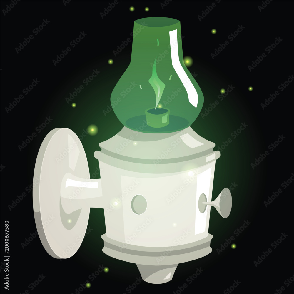 Fototapeta premium Vintage magic lantern with burning candle, vector cartoon fairytale antique green wall candlestick, wizard lamp sparkles