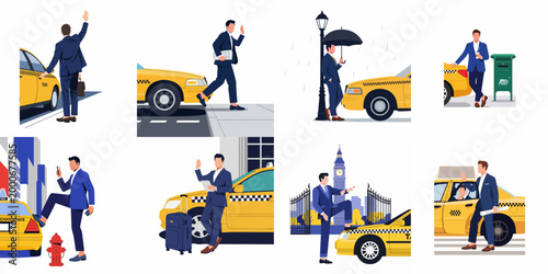 Flat vector collection of a businessman in various city transportation scenarios, hailing yellow taxis and traveling for business in different weather and locations.