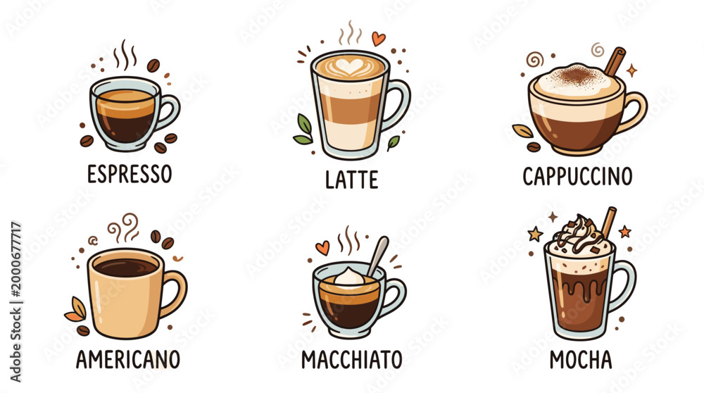 Fototapeta premium Coffee Types and Drinks Icon Set in Cute Doodle Style