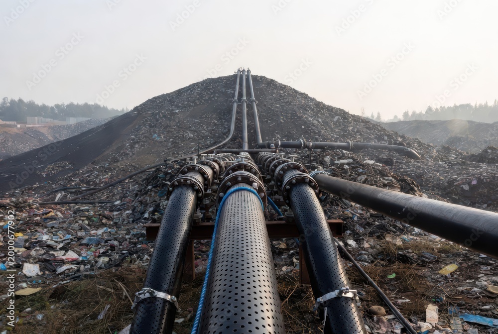 Fototapeta premium Industrial pipes transport waste over a vast landfill under a hazy sky
