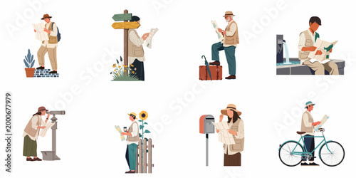 Collection of diverse people traveling and exploring with paper maps in various outdoor scenarios, flat vector illustration style.