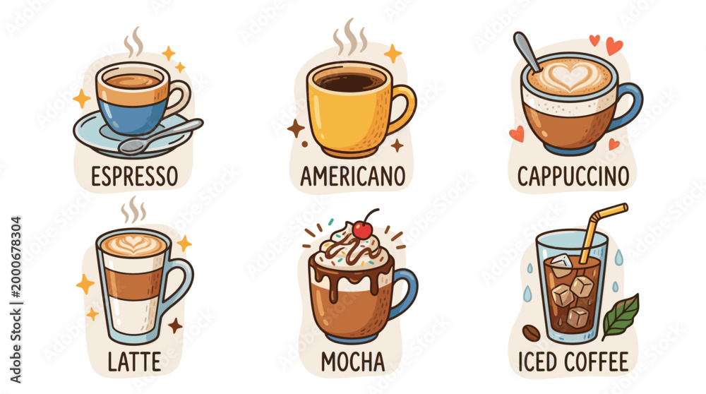 Fototapeta premium Coffee Types and Drinks Icon Set in Cute Doodle Style