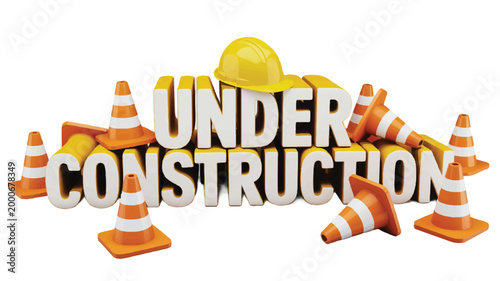 Under Construction Signage with Safety Cones and Hard Hat - Graphic Illustration