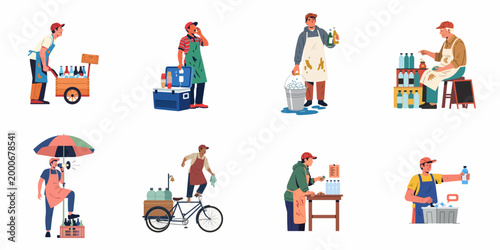 Set of Flat Illustrations Featuring Various Street Vendors Selling Cold Water, Drinks, and Ice in Outdoor Settings