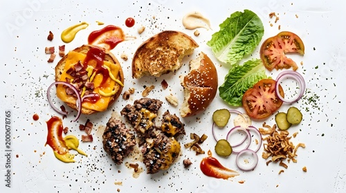 Flat lay composition with burger components artfully scattered—patties, cheese, buns, lettuce, tomato, onion, pickles, sauces, and sesame seeds across white surface.